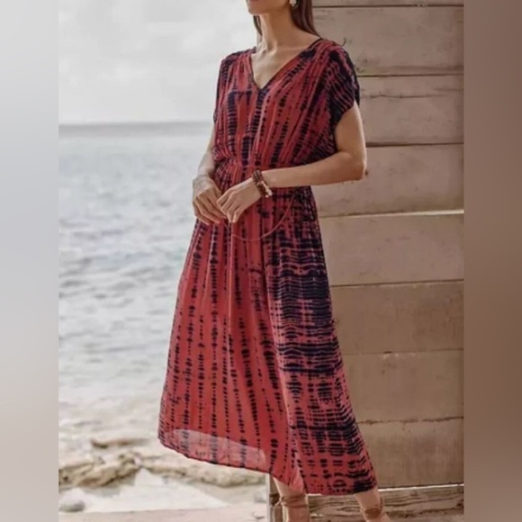 J.Jill Pure Jill Elements Warm Red & Black Tie Dye V-Neck Maxi Dress Sz Med Tall - Picture 1 of 11